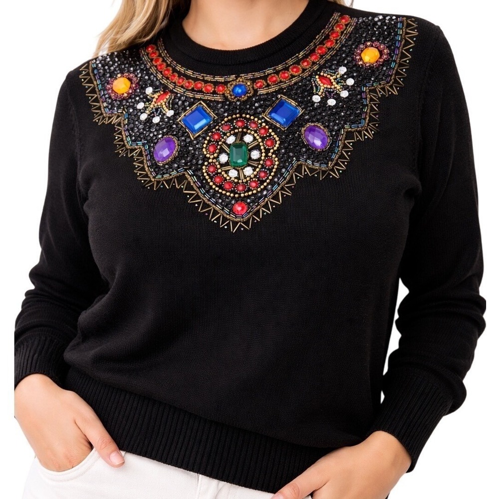 Lindsey Blake Embellished Sweater Beaded Jeweled Black Vintage Glam Size L‎